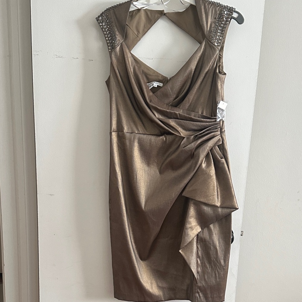 Maggy London Bronze Backless Dress with Studded Shoulders Size 14